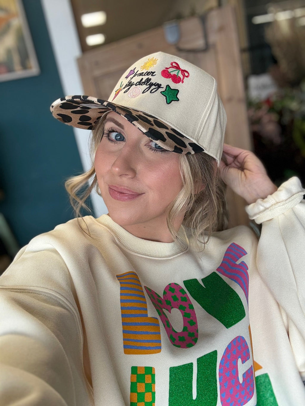 embroidered forever dilly dallying hat with leopard print brim boutique cap