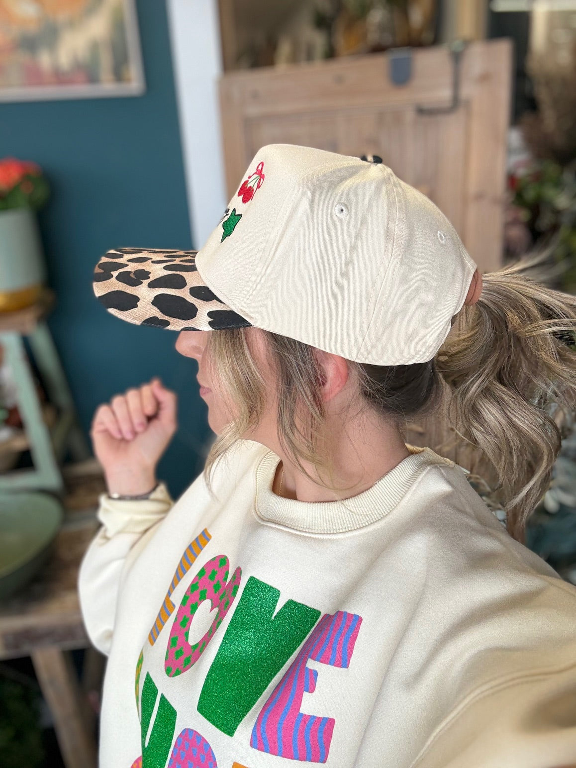 embroidered forever dilly dallying hat with leopard print brim boutique cap