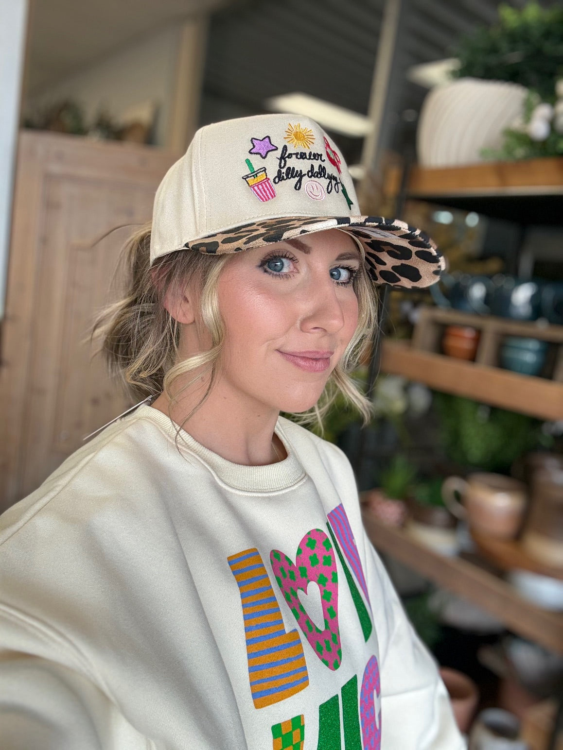 embroidered forever dilly dallying hat with leopard print brim boutique cap