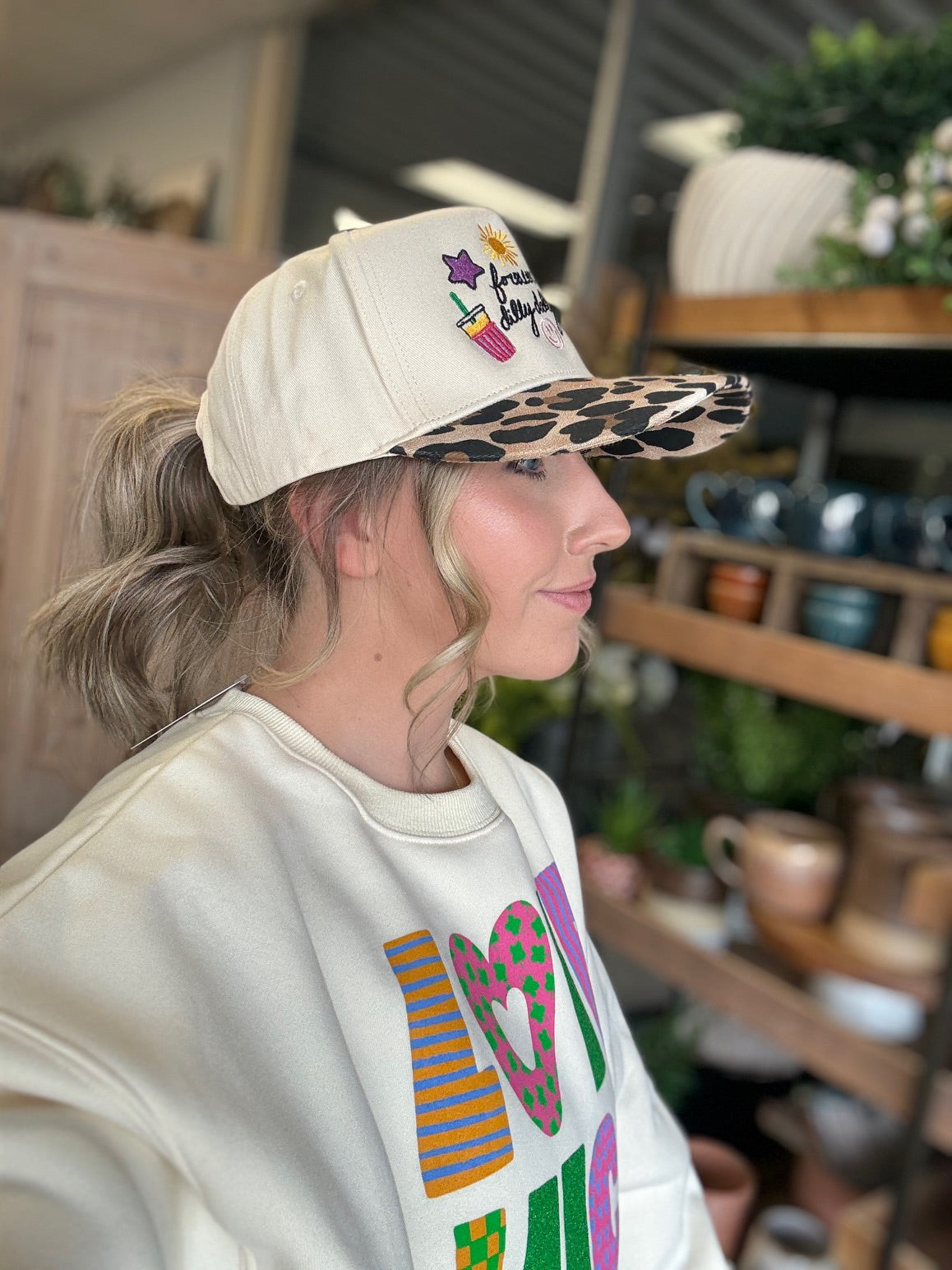 embroidered forever dilly dallying hat with leopard print brim boutique cap