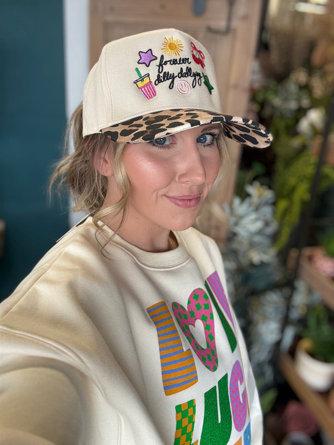 embroidered forever dilly dallying hat with leopard print brim boutique cap