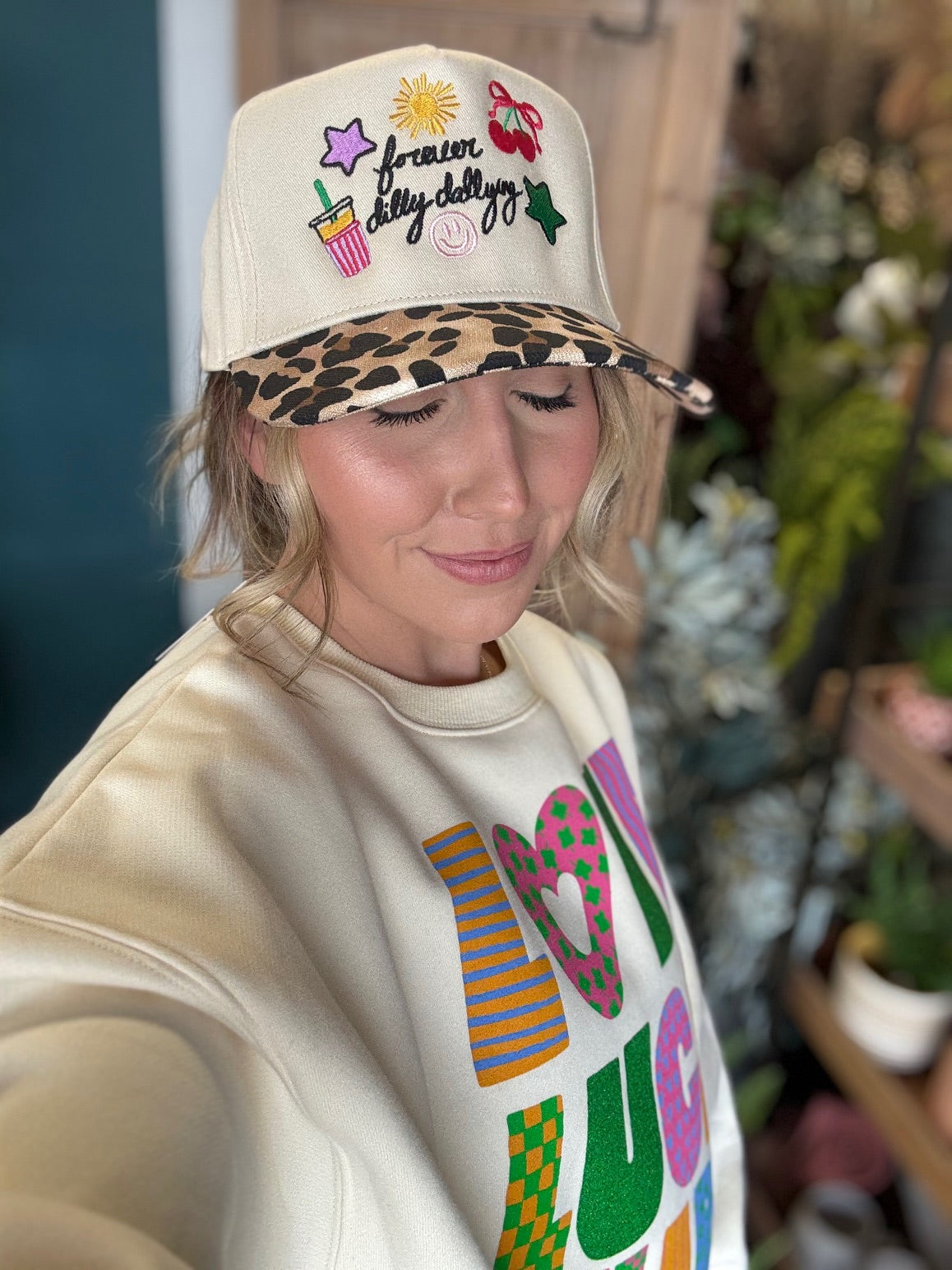 embroidered forever dilly dallying hat with leopard print brim boutique cap