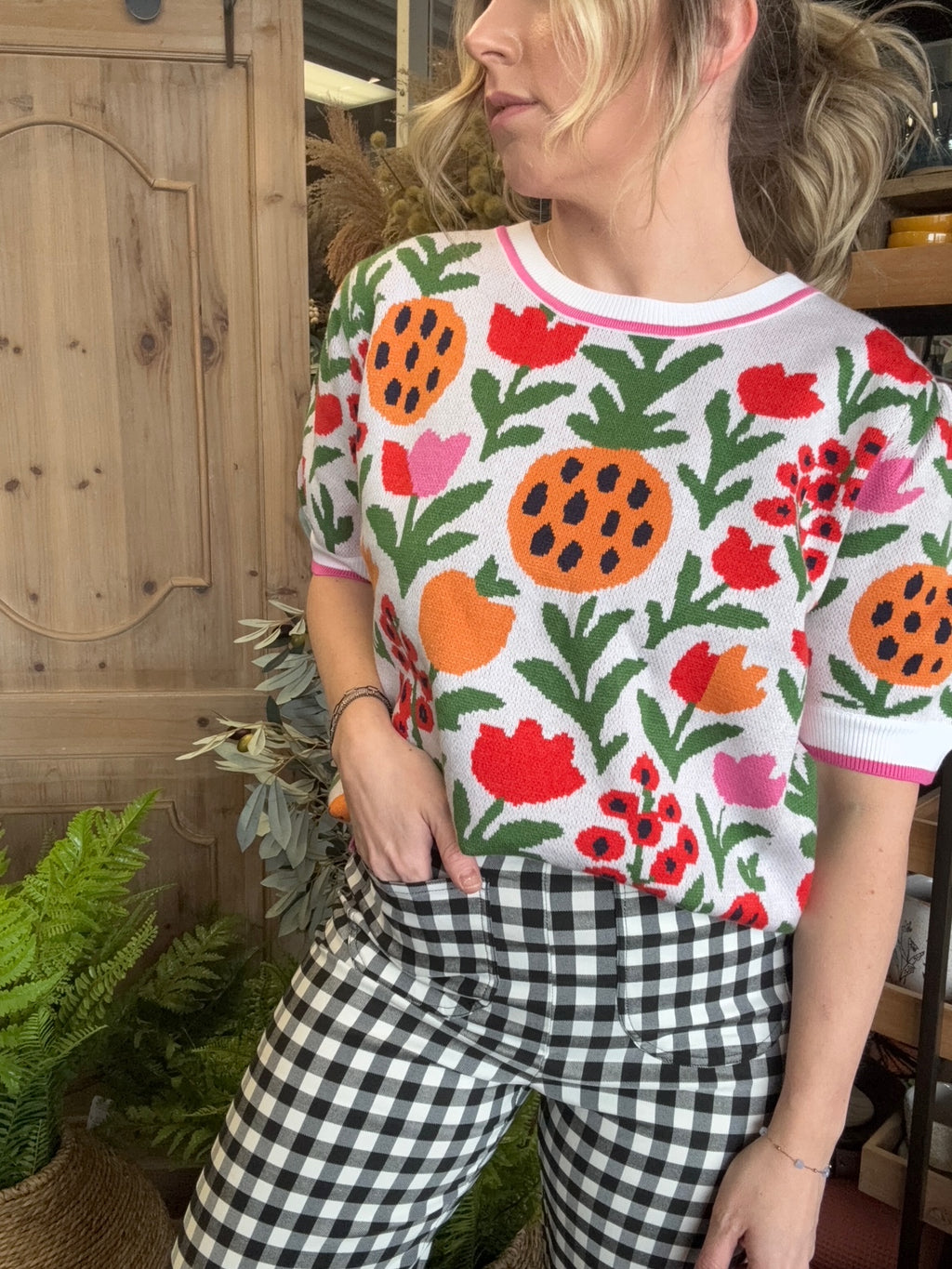Colorful floral knit boutique top for women
