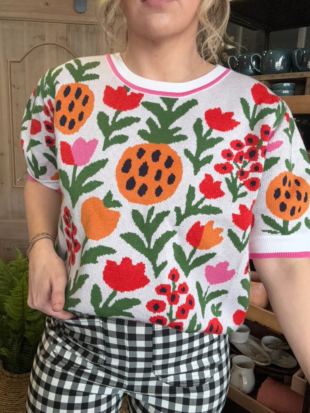 Colorful floral knit boutique top for women