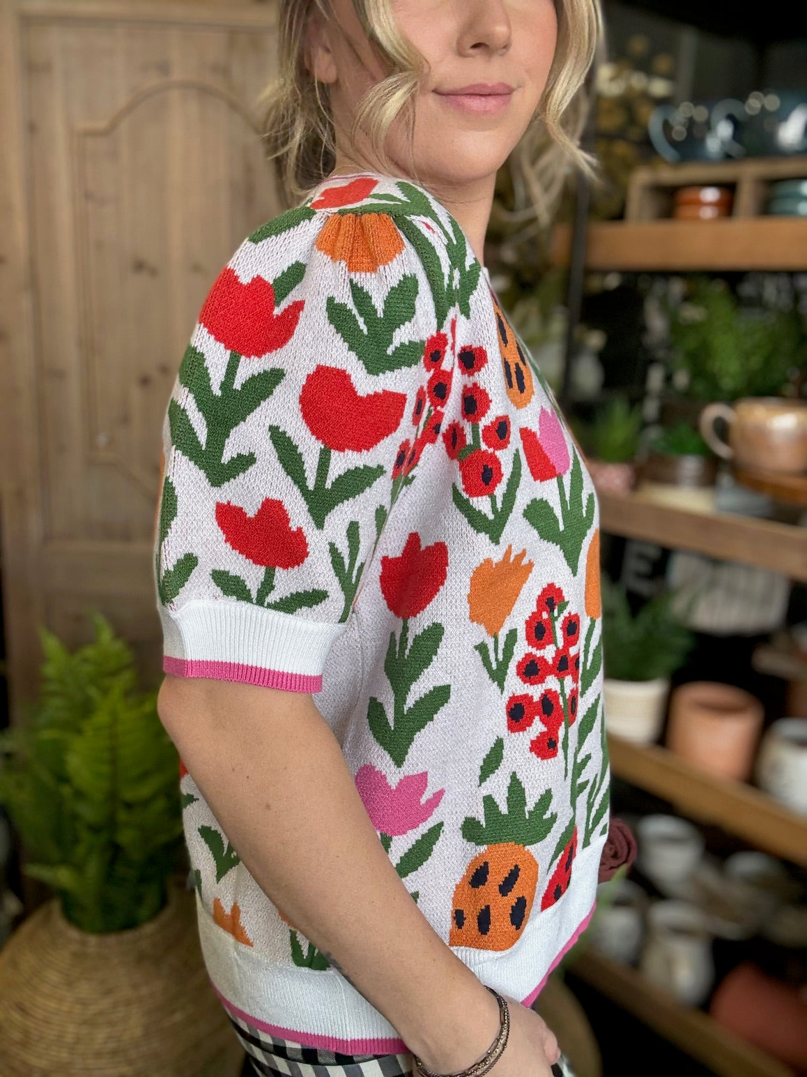 Colorful floral knit boutique top for women