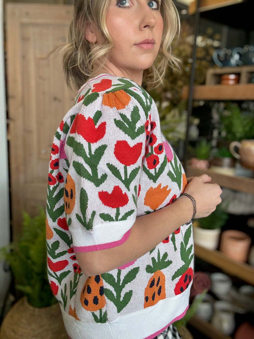 Colorful floral knit boutique top for women