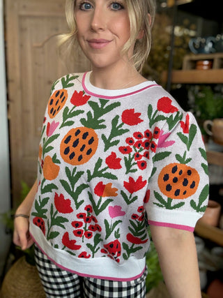 Colorful floral knit boutique top for women