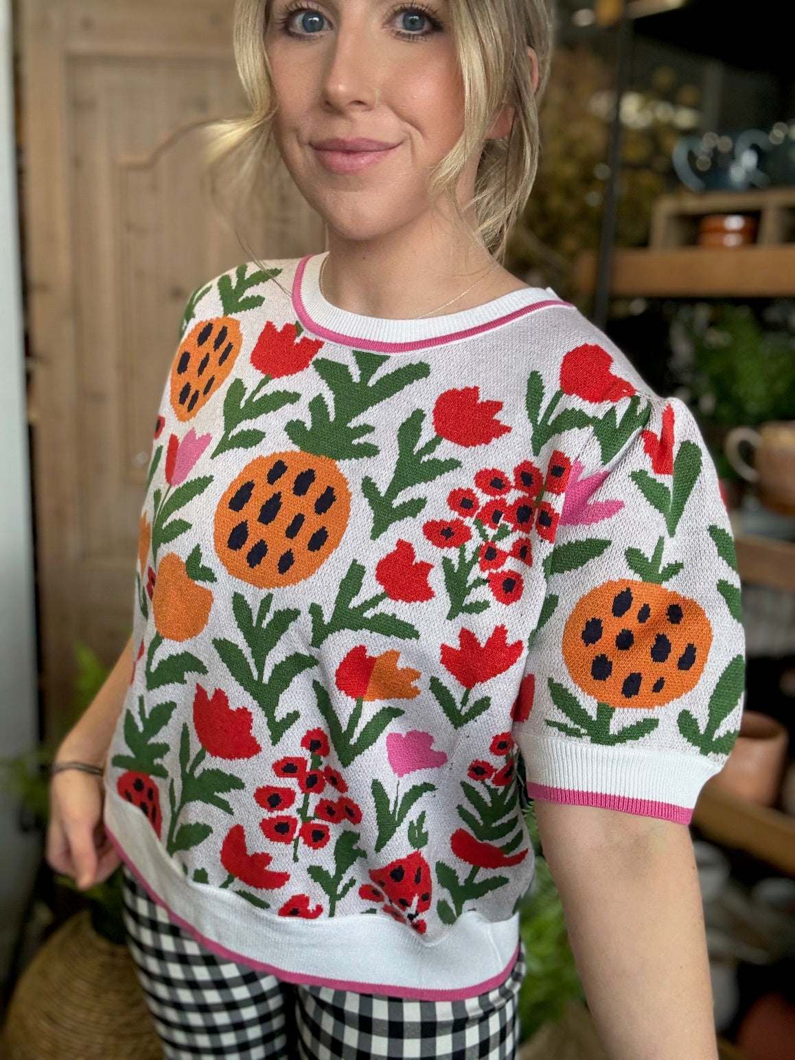 Colorful floral knit boutique top for women