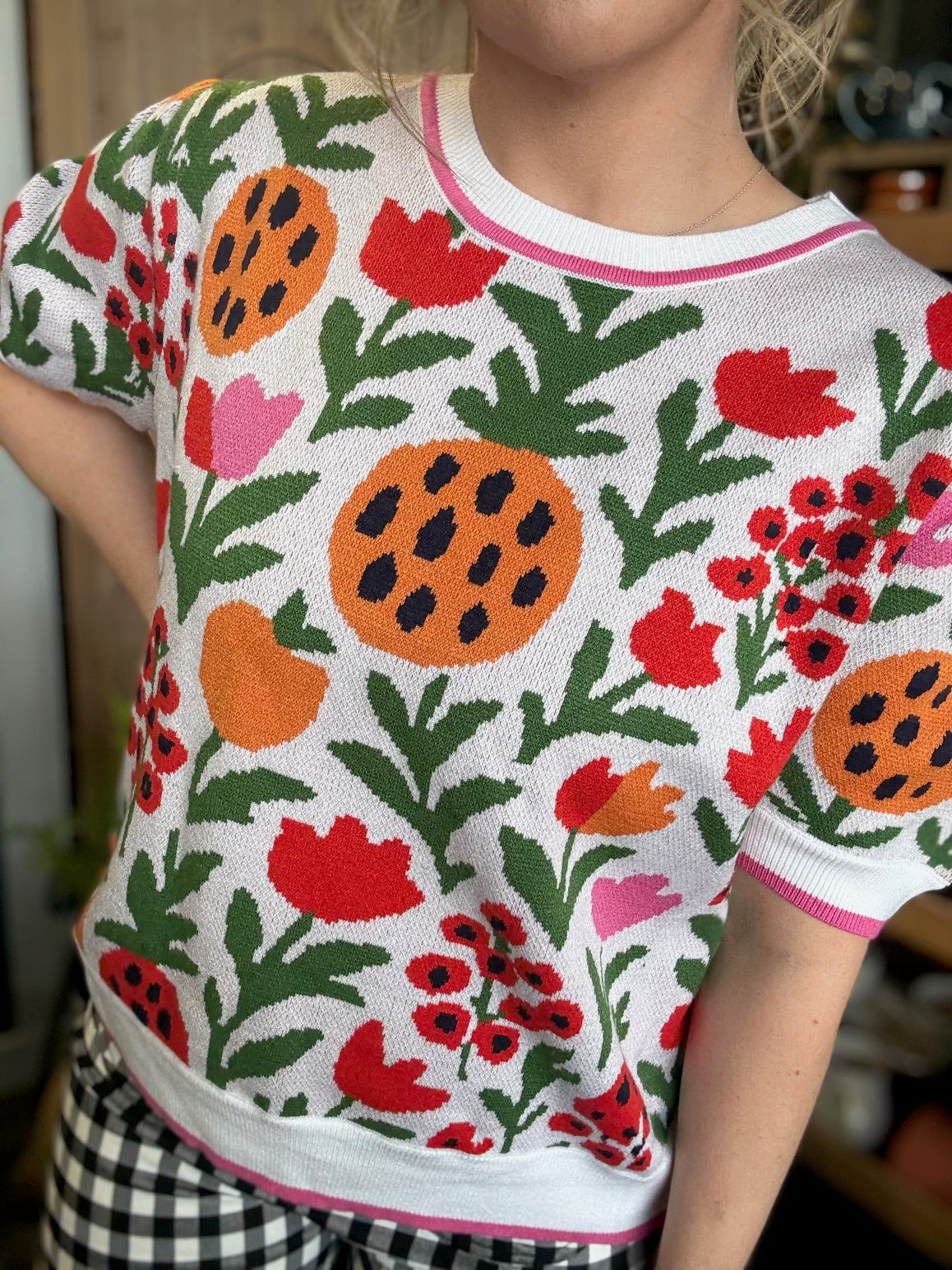 Colorful floral knit boutique top for women