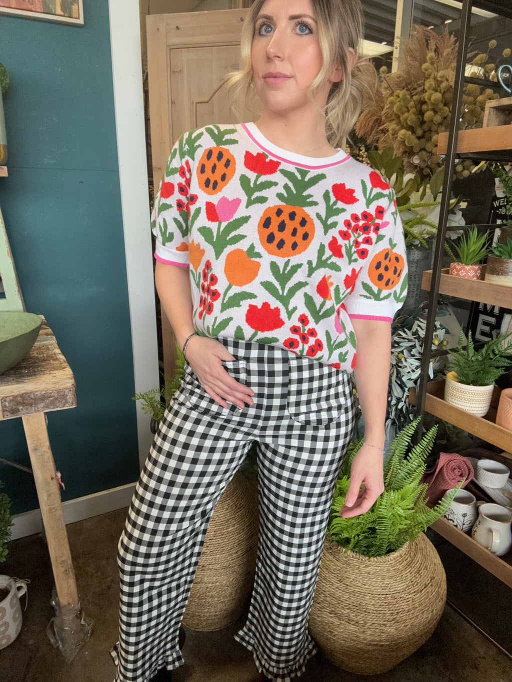 Colorful floral knit boutique top for women