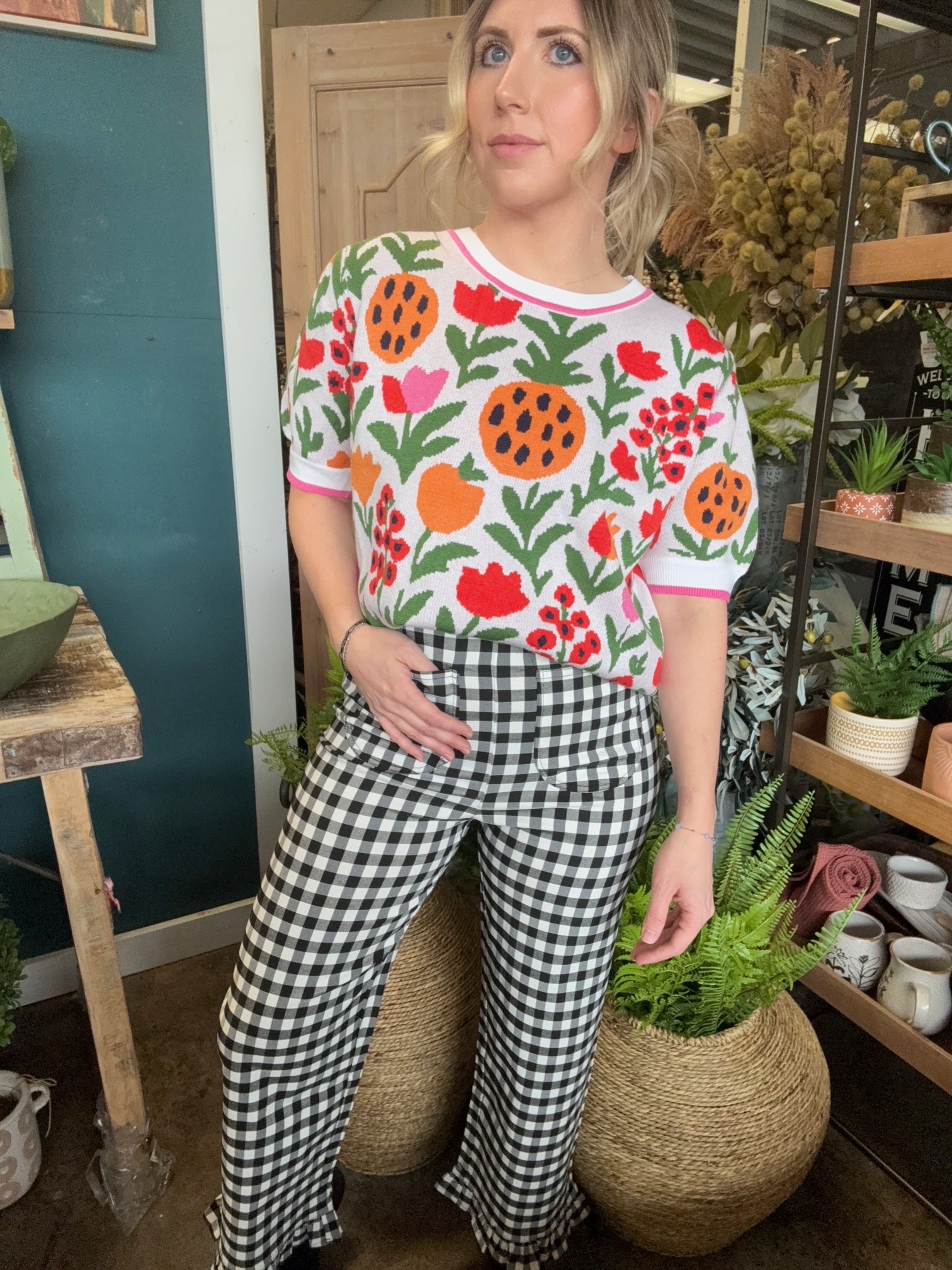 Colorful floral knit boutique top for women