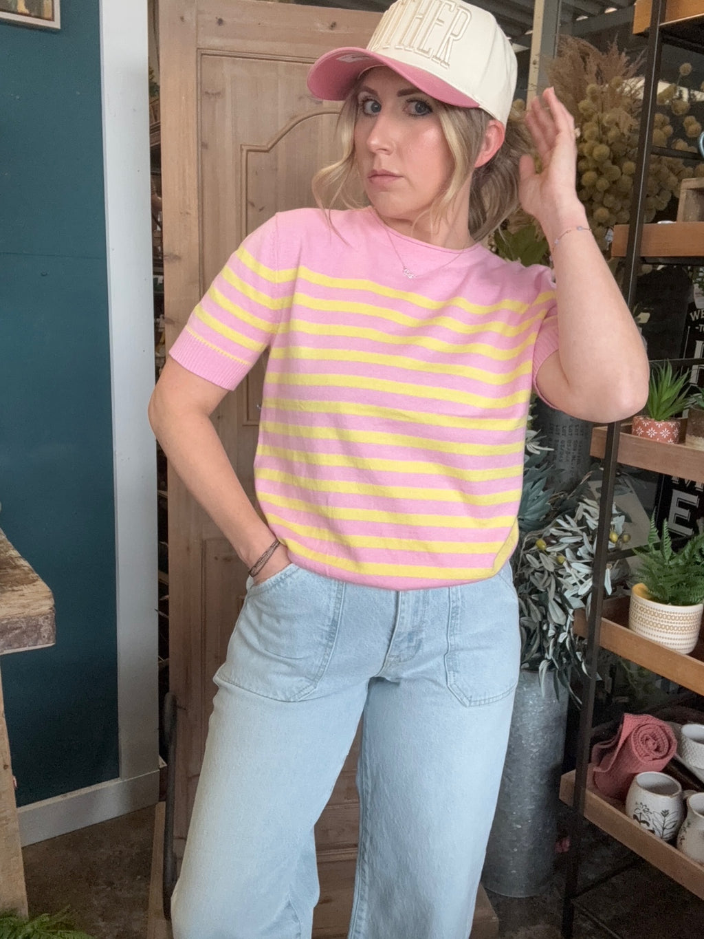 Pink and yellow striped knit boutique top for women