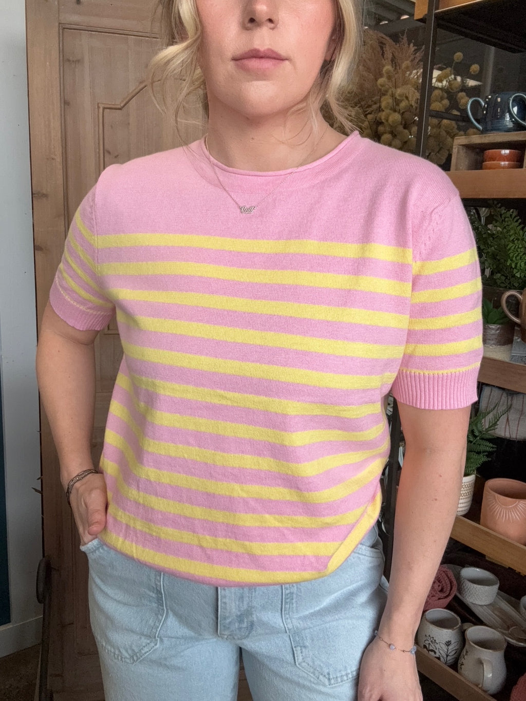 Pink and yellow striped knit boutique top for women