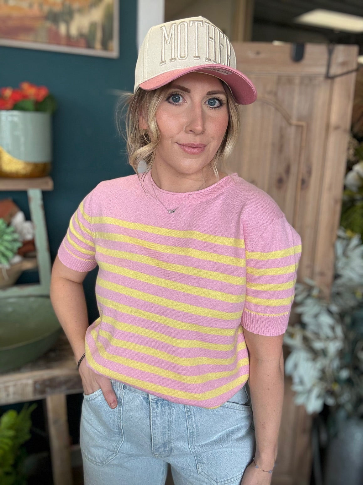 Pink and yellow striped knit boutique top for women