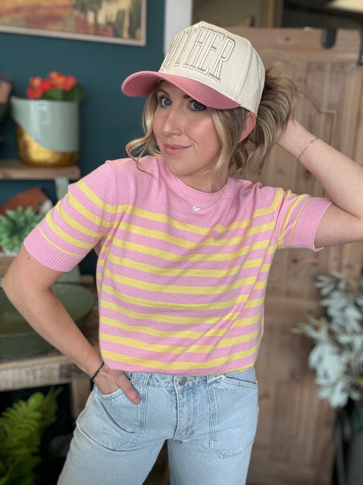 Pink and yellow striped knit boutique top for women