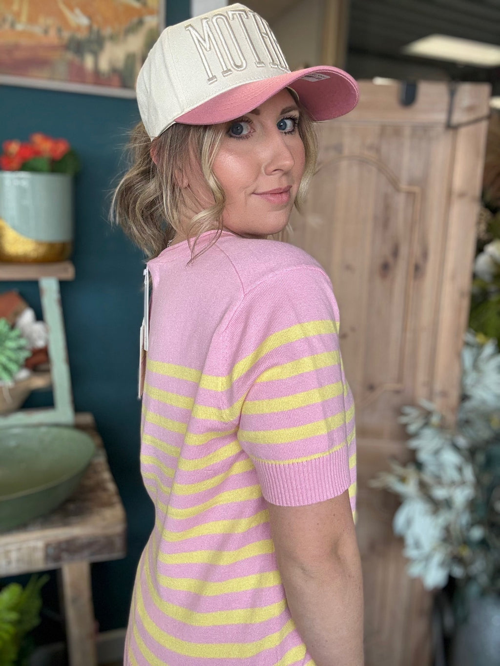 Pink and yellow striped knit boutique top for women