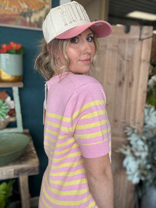 Pink and yellow striped knit boutique top for women
