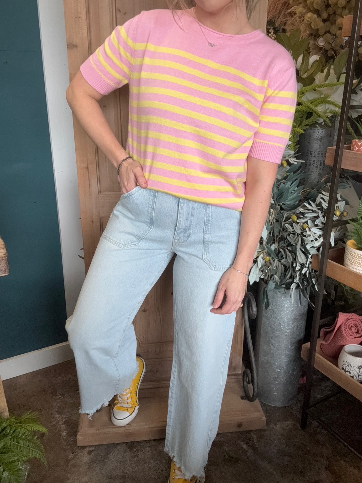 Pink and yellow striped knit boutique top for women