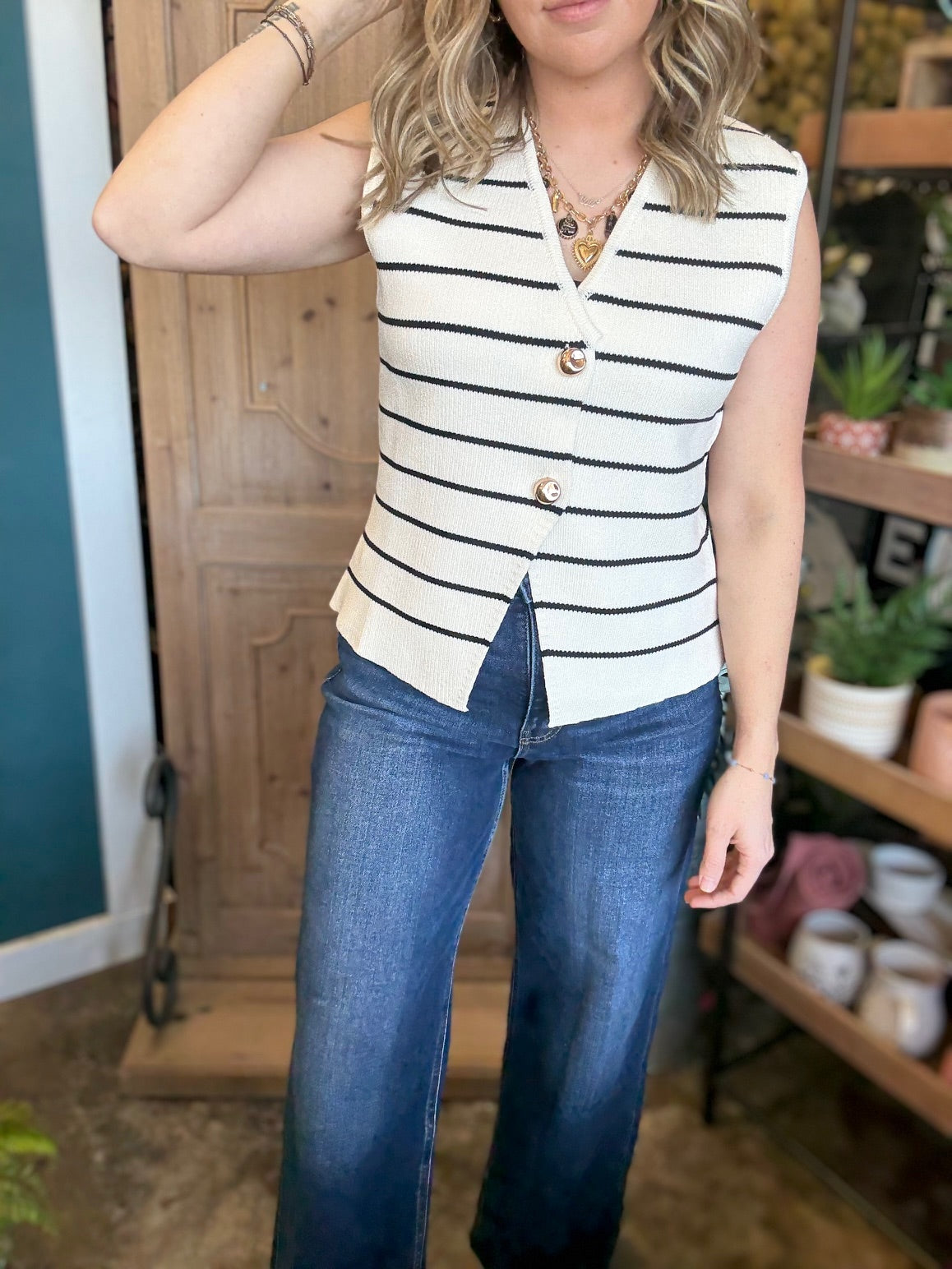 Cream and black striped button front sweater vest boutique top for women