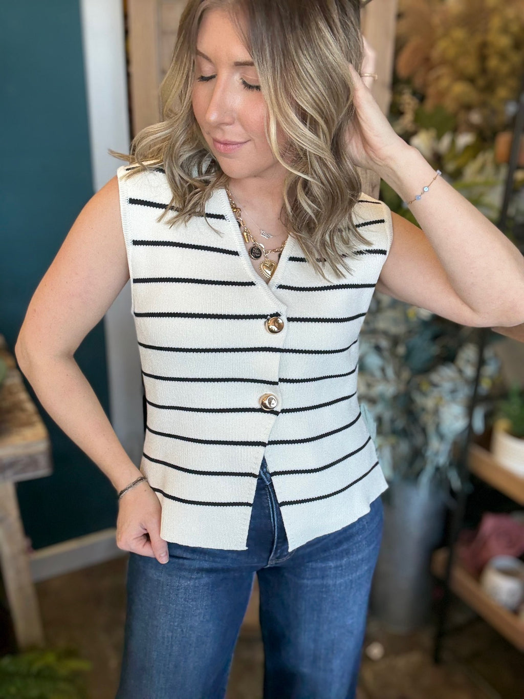 Cream & Black Striped Button Front Sweater Vest