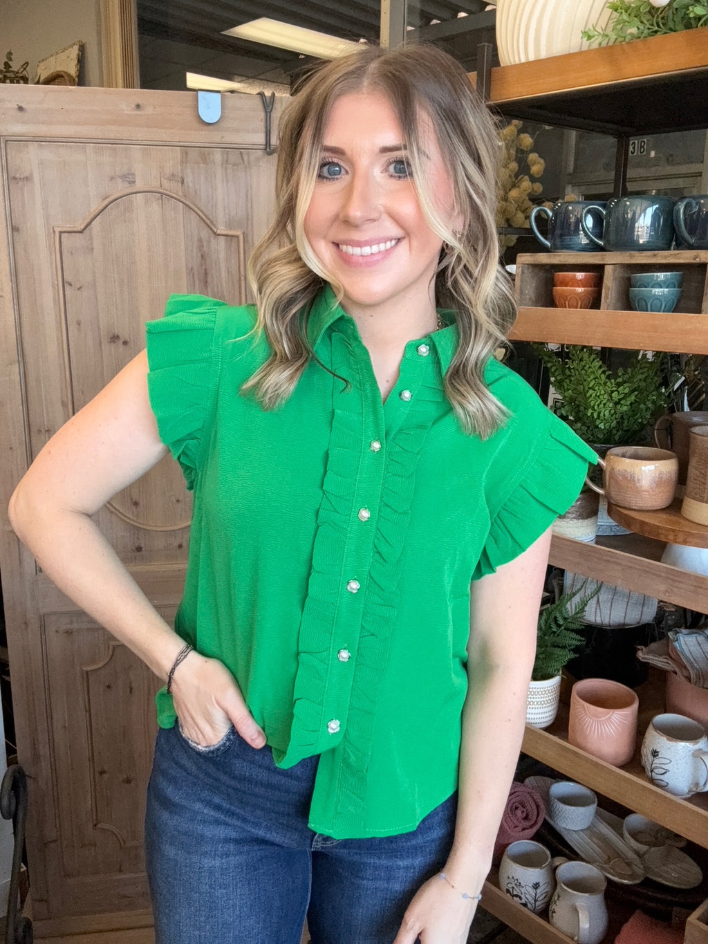 Emerald green ruffle sleeve button front boutique blouse for women