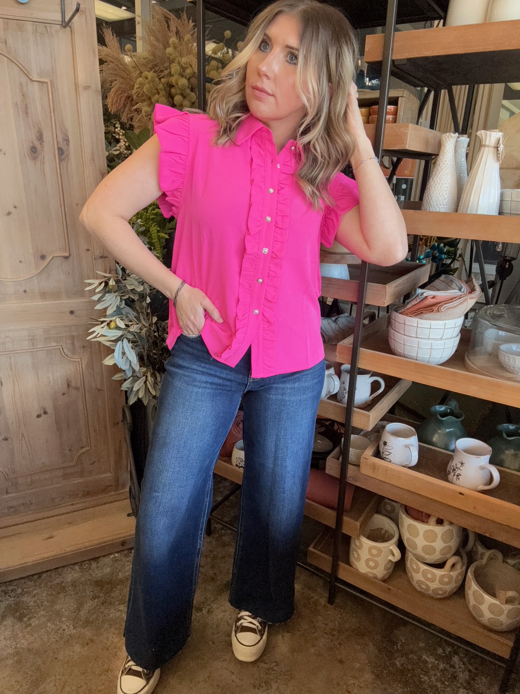 Hot pink ruffle sleeve boutique blouse with button front for women