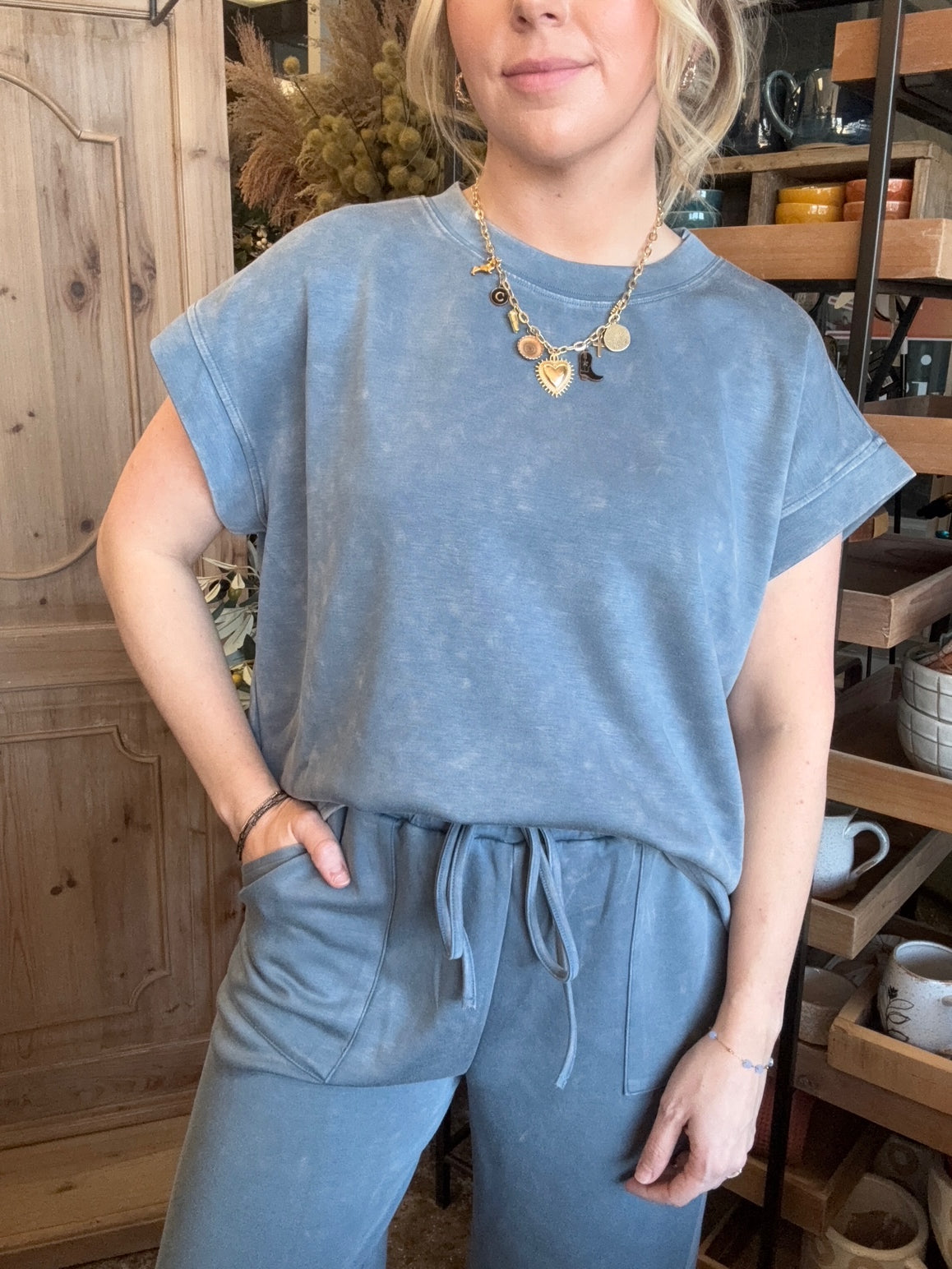 Vintage washed blue casual lounge top for women