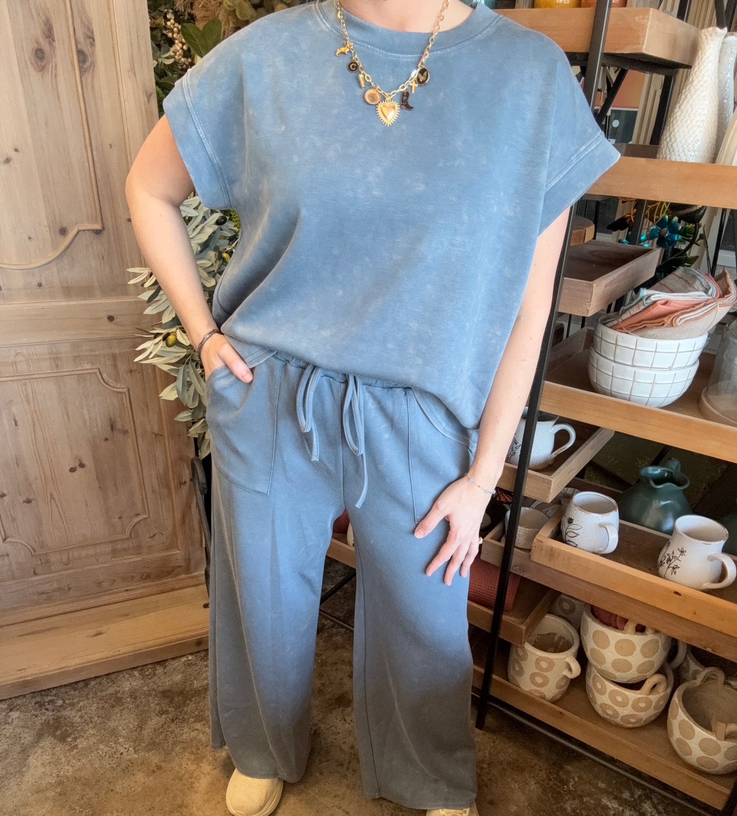 Vintage washed blue casual lounge top for women