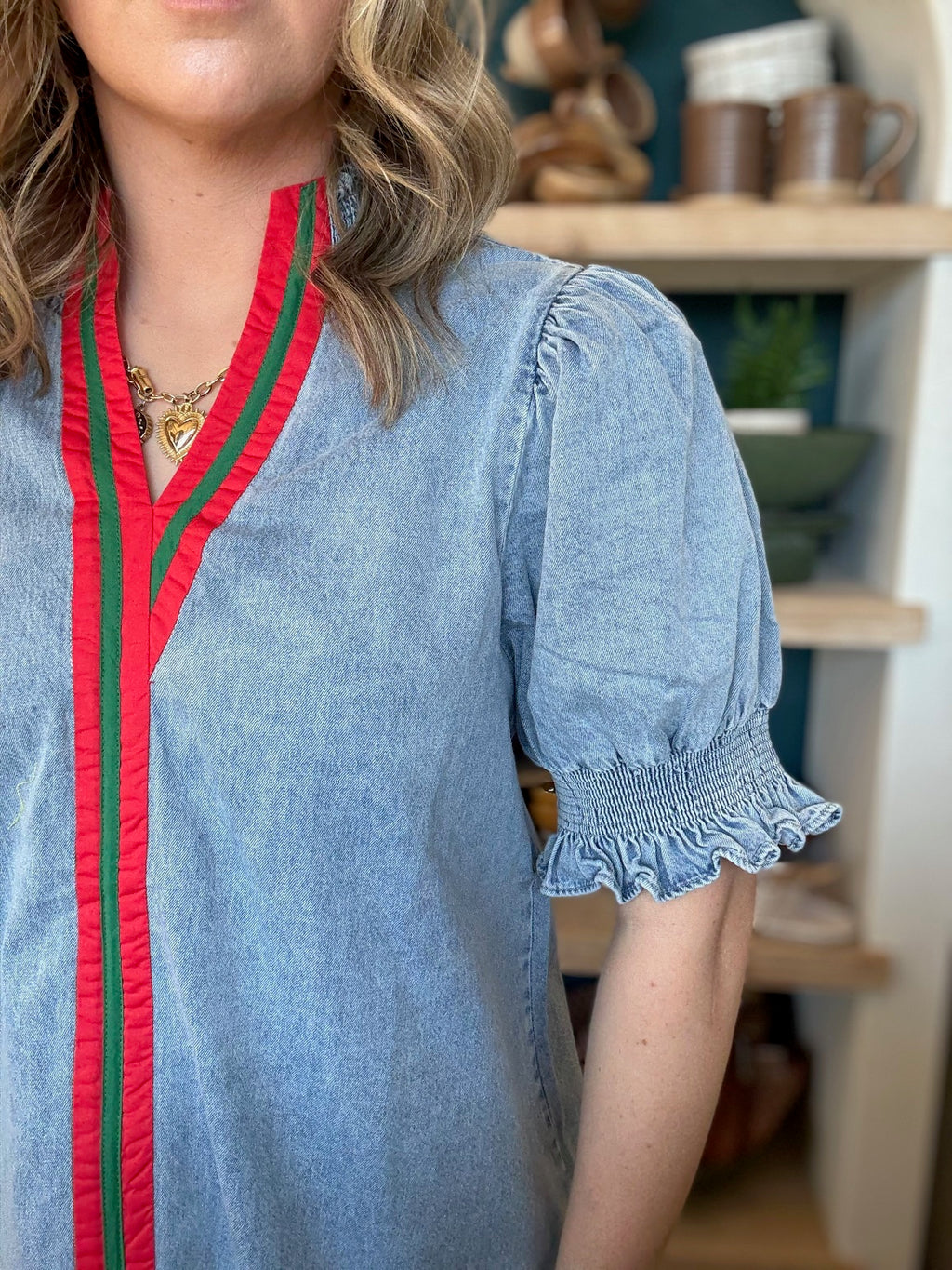 Vintage denim puff sleeve blouse with red and green stripe detail for women