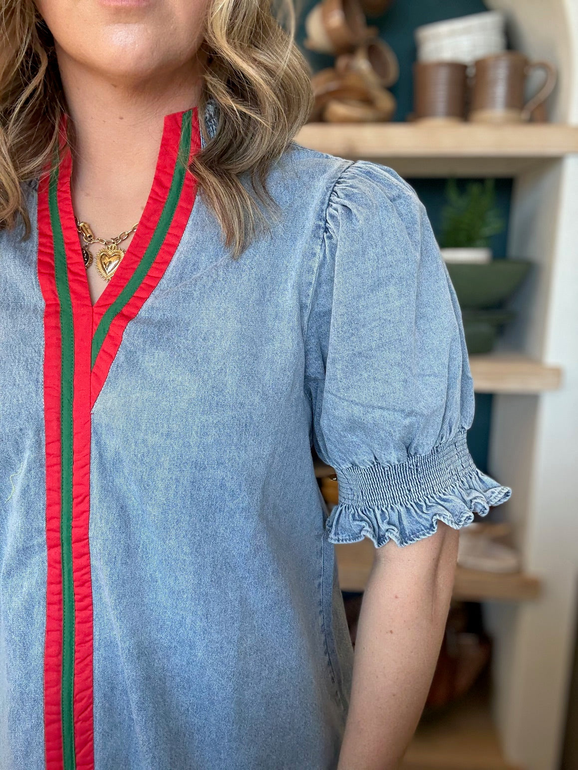 Vintage denim puff sleeve blouse with red and green stripe detail for women