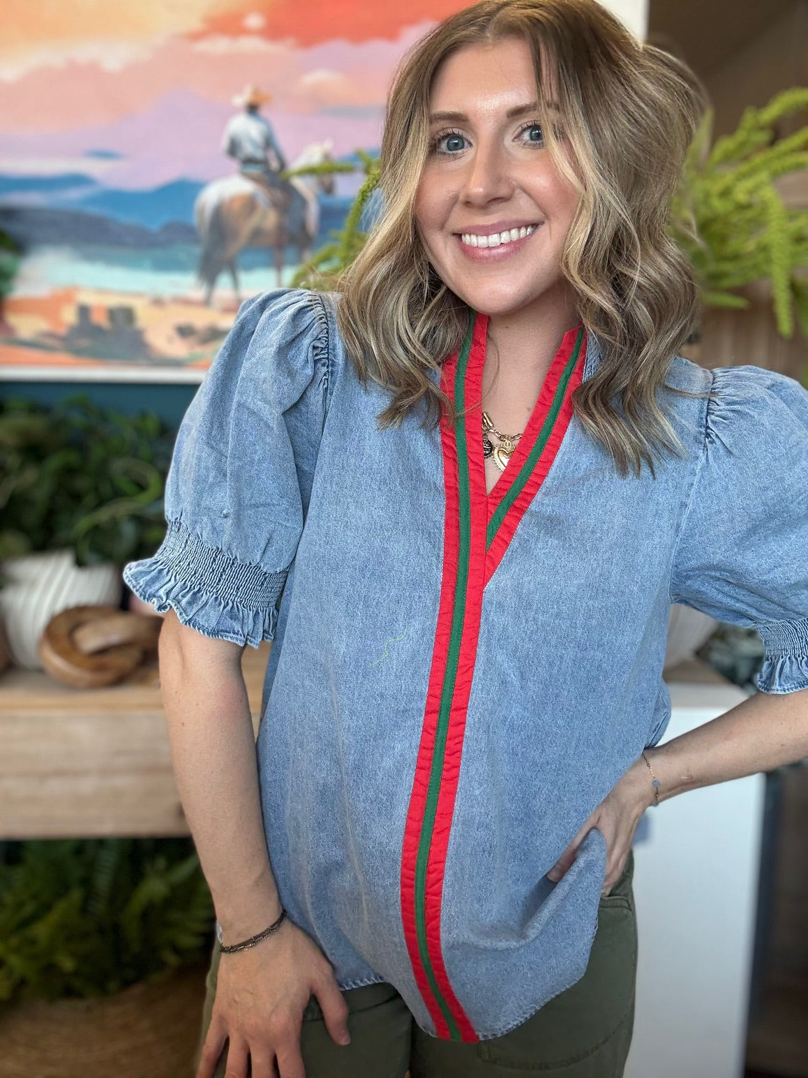 Vintage denim puff sleeve blouse with red and green stripe detail for women