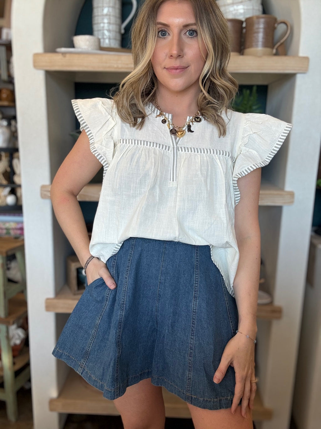 Ivory flutter sleeve boutique blouse with stripe trim for women