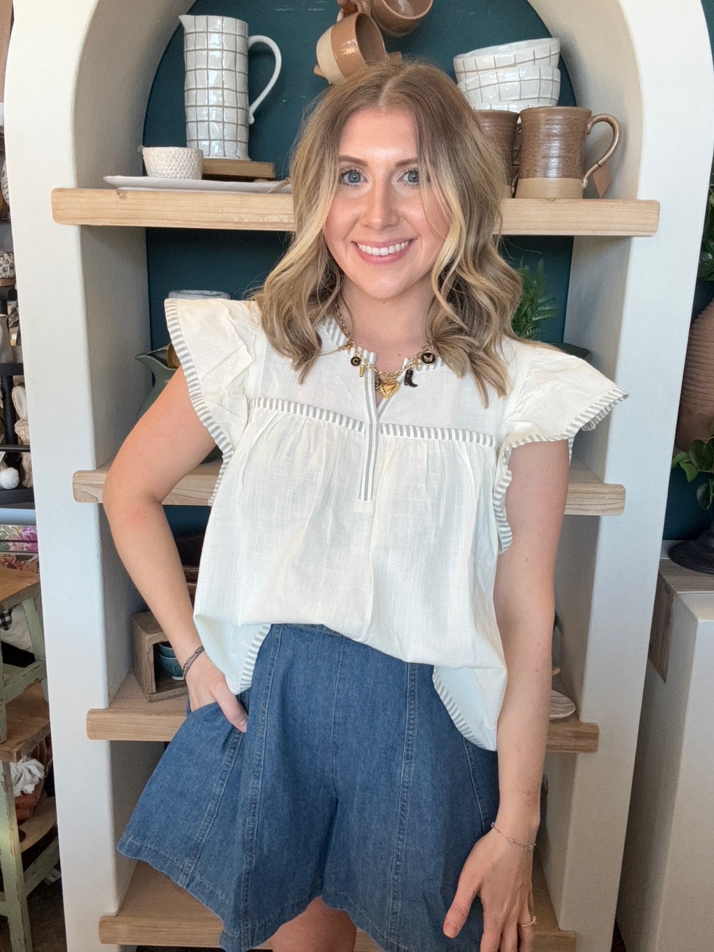 Ivory flutter sleeve boutique blouse with stripe trim for women
