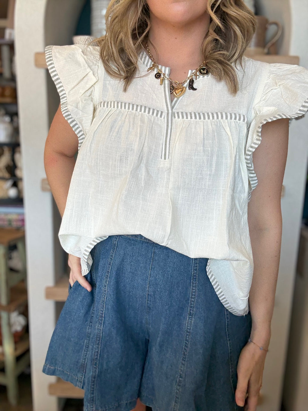 Ivory flutter sleeve boutique blouse with stripe trim for women