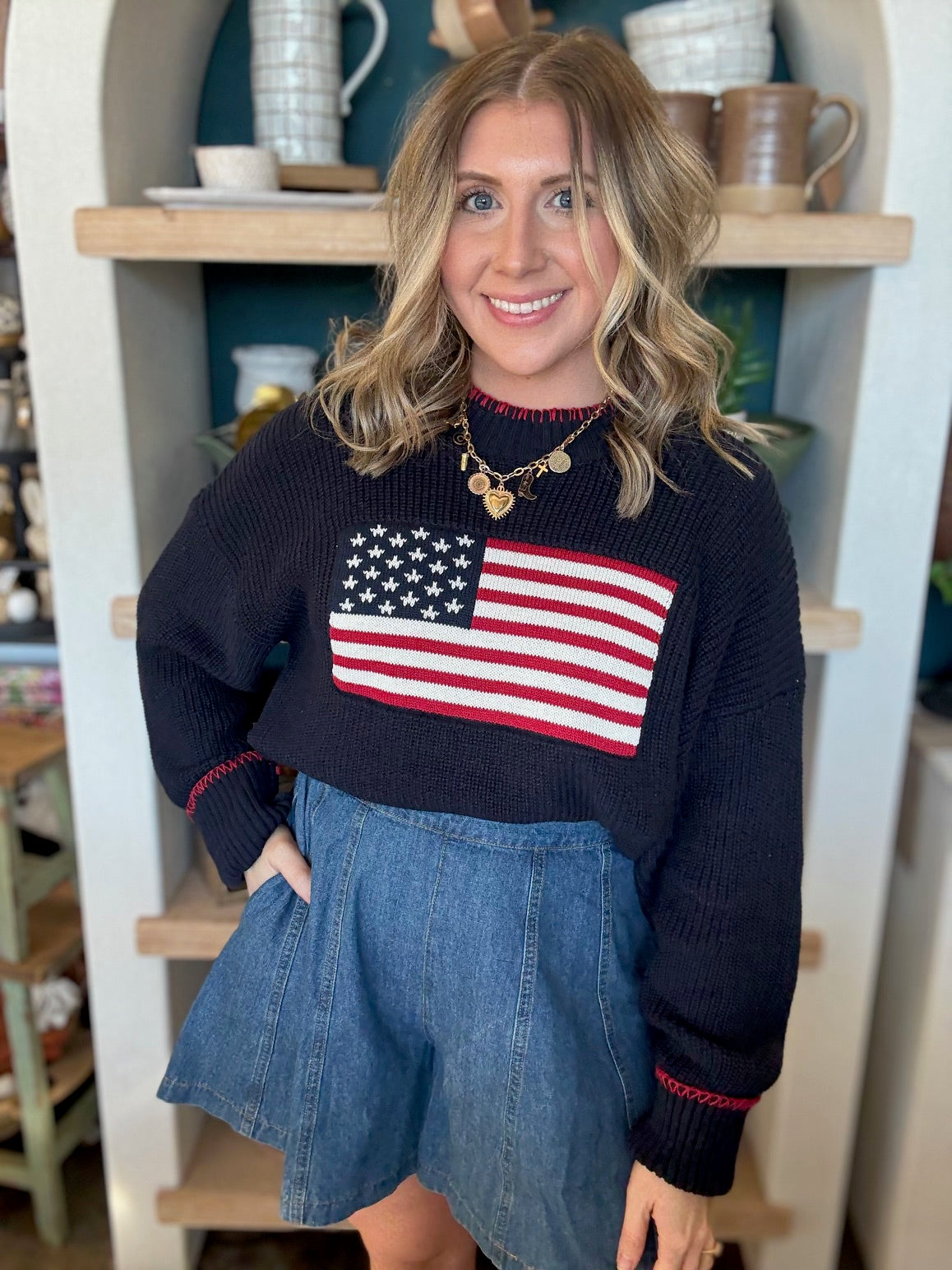 American flag knit sweater boutique patriotic top for women