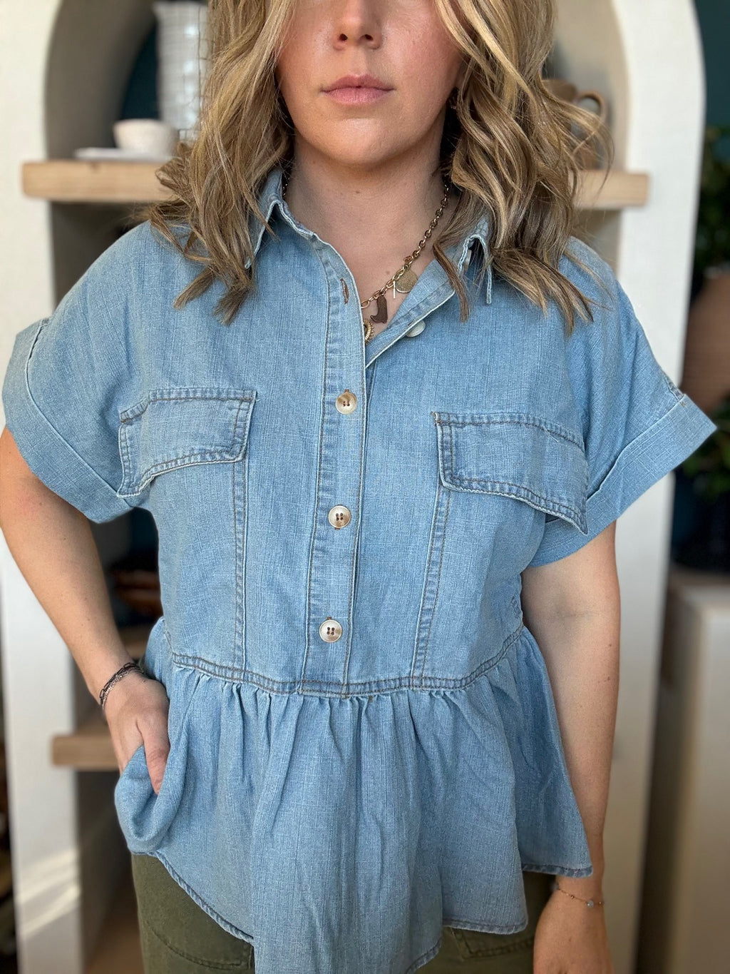 Chambray button front peplum boutique blouse for women