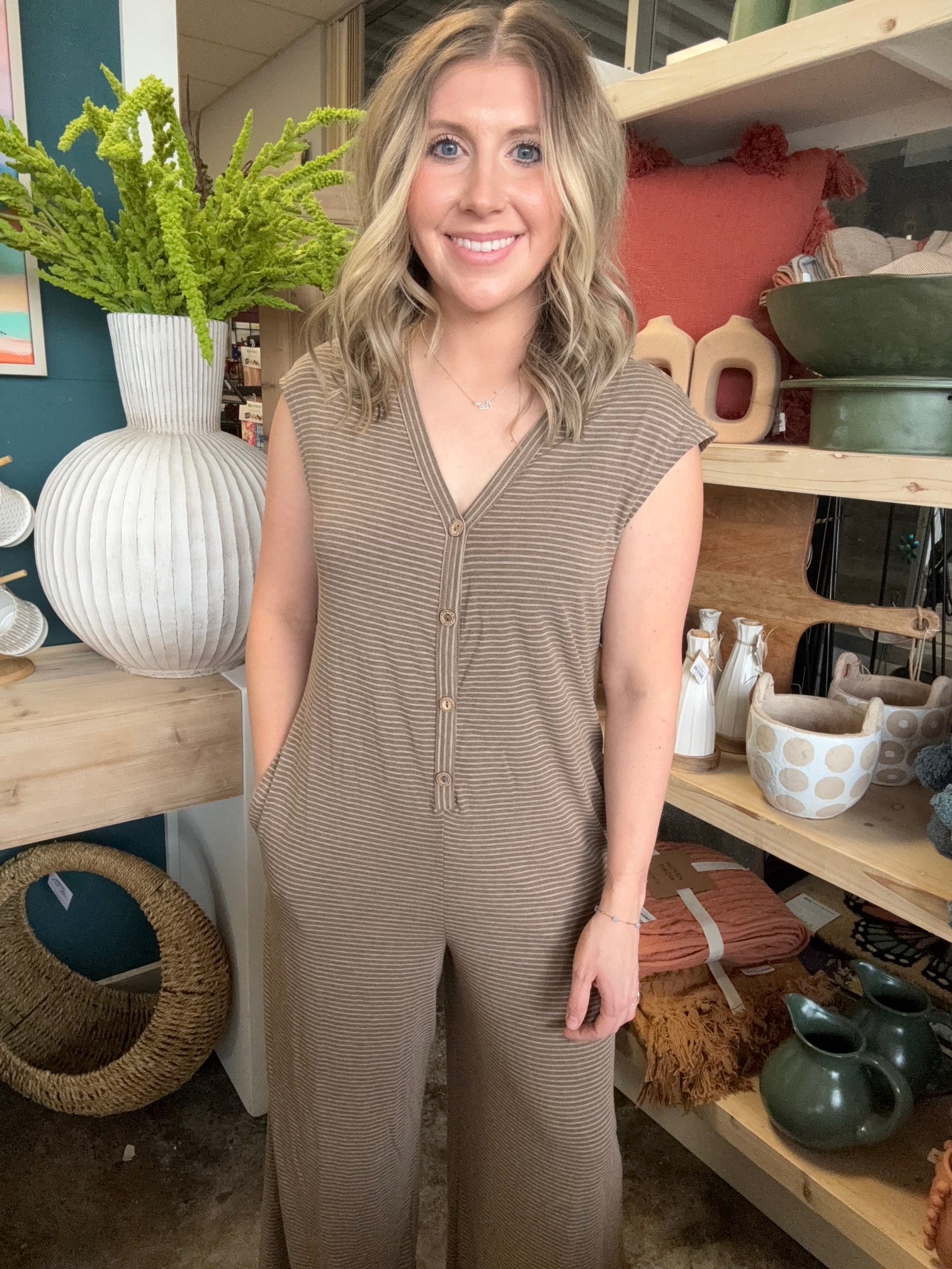 mocha striped button front women's boutique jumpsuit at Pill Box Boutique