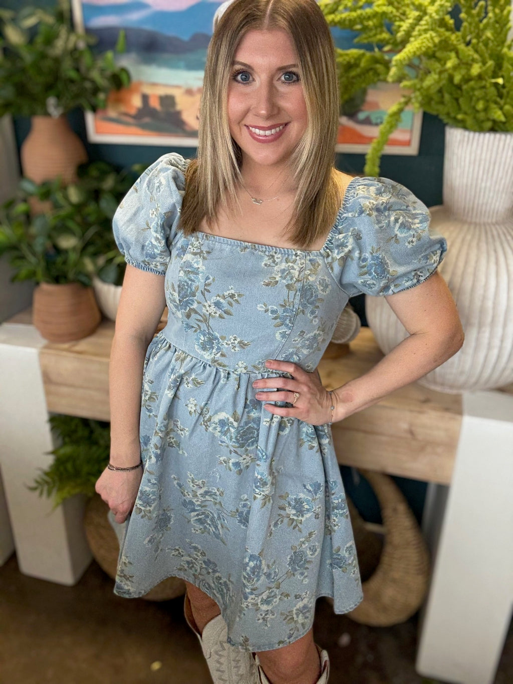 dusty blue floral puff sleeve boutique dress at Pill Box Boutique