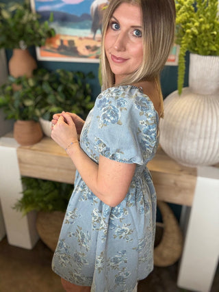 dusty blue floral puff sleeve boutique dress at Pill Box Boutique