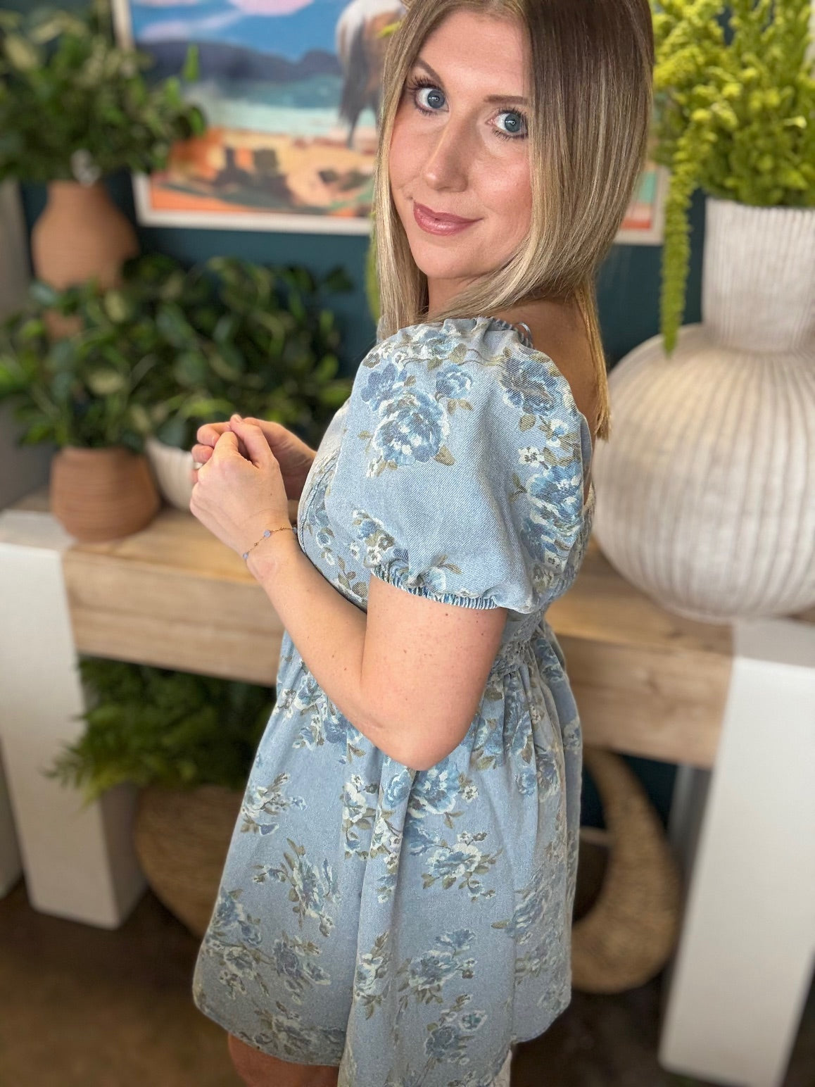 dusty blue floral puff sleeve boutique dress at Pill Box Boutique