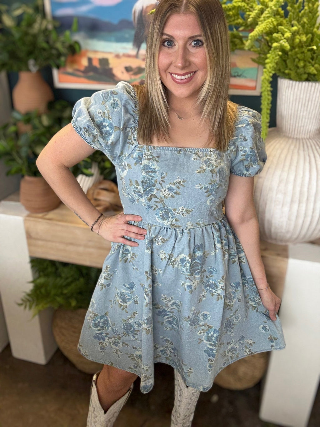 dusty blue floral puff sleeve boutique dress at Pill Box Boutique