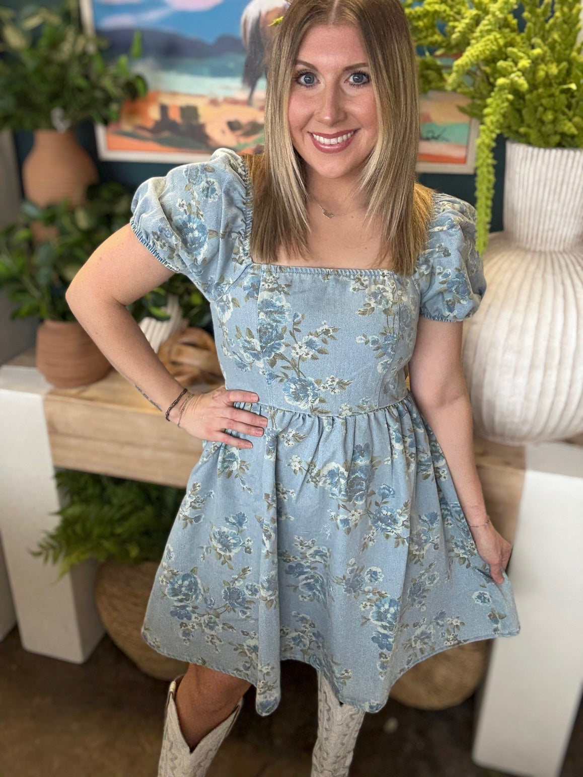 dusty blue floral puff sleeve boutique dress at Pill Box Boutique