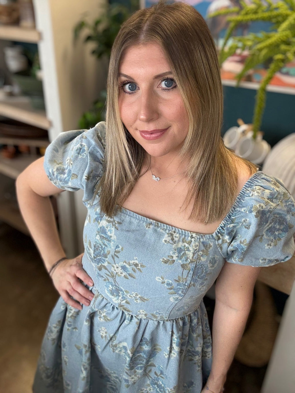 dusty blue floral puff sleeve boutique dress at Pill Box Boutique