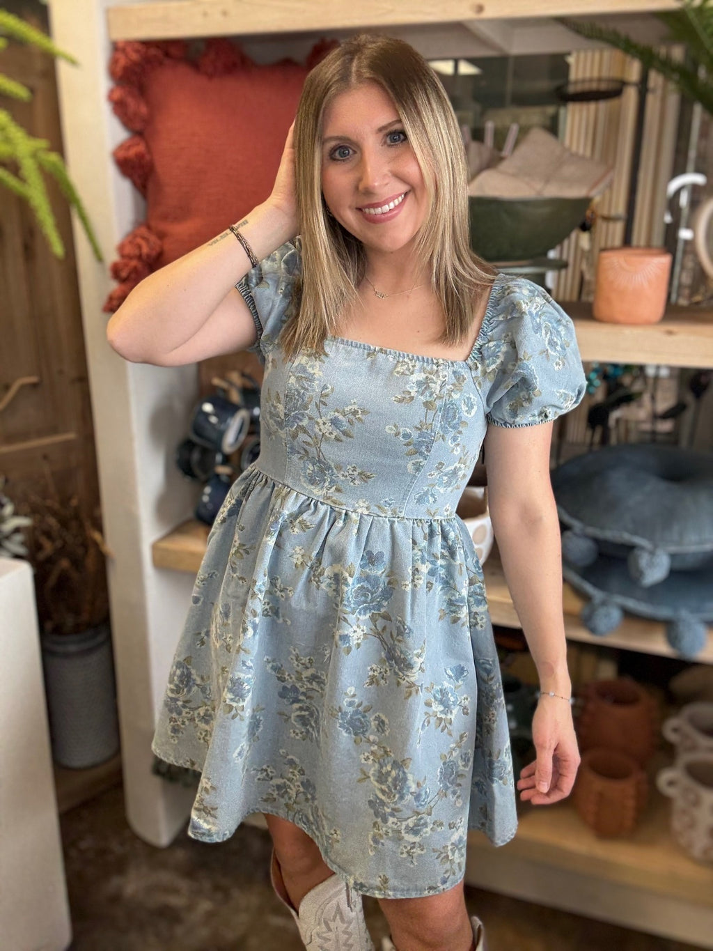 dusty blue floral puff sleeve boutique dress at Pill Box Boutique