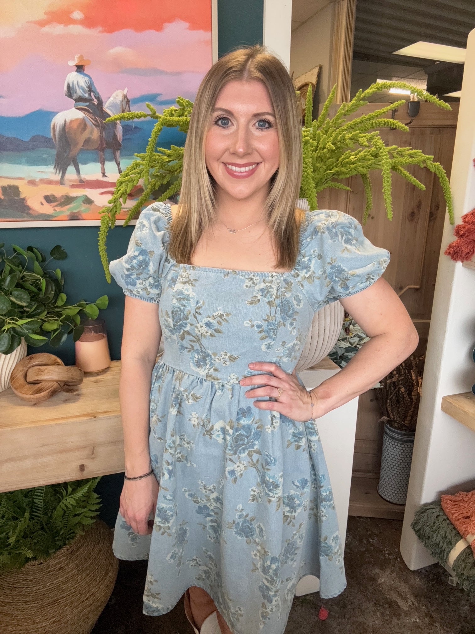 dusty blue floral puff sleeve boutique dress at Pill Box Boutique