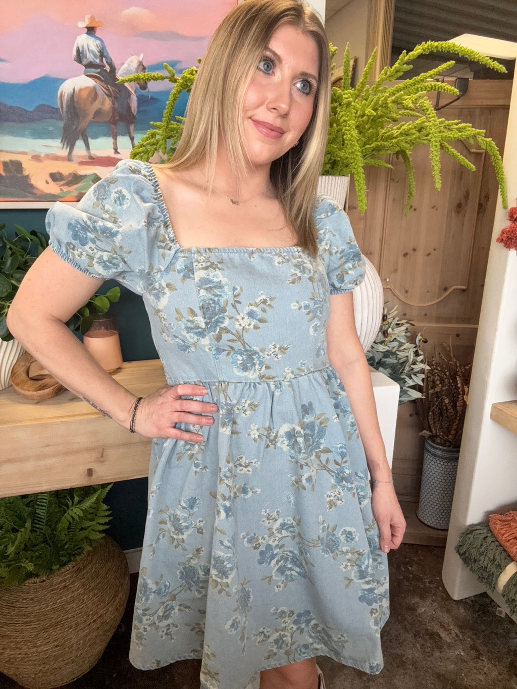 dusty blue floral puff sleeve boutique dress at Pill Box Boutique