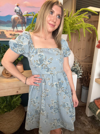 dusty blue floral puff sleeve boutique dress at Pill Box Boutique