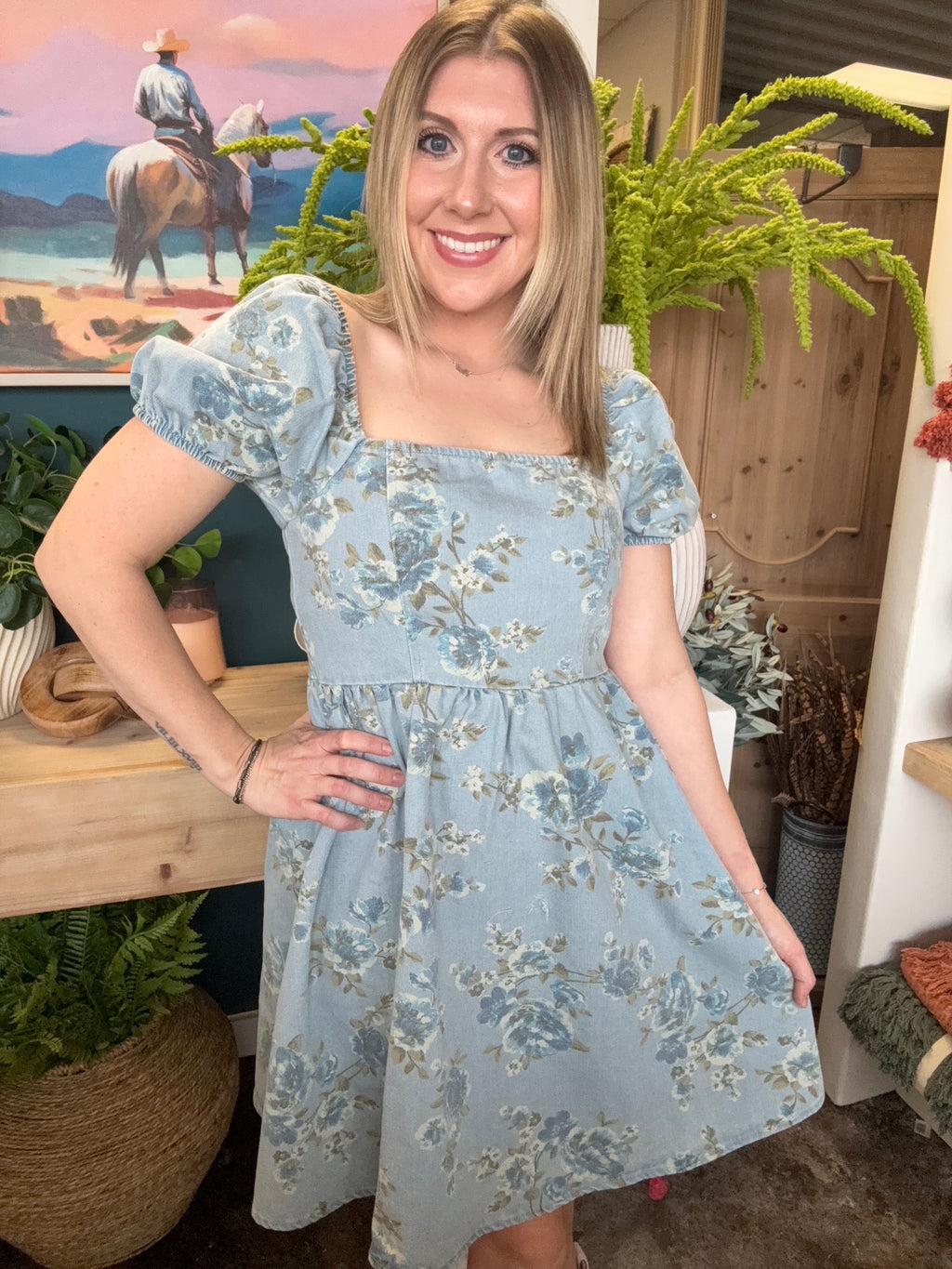 dusty blue floral puff sleeve boutique dress at Pill Box Boutique