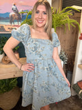 dusty blue floral puff sleeve boutique dress at Pill Box Boutique