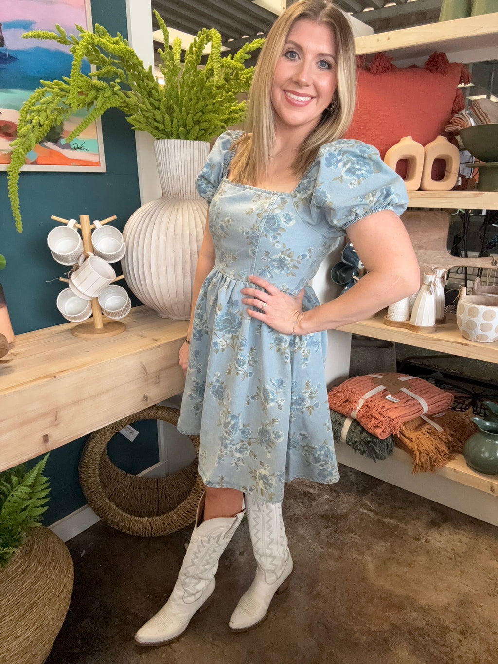 dusty blue floral puff sleeve boutique dress at Pill Box Boutique